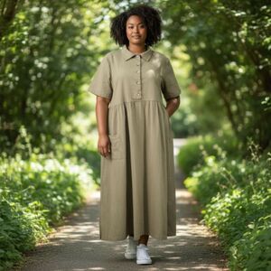 Sunbelt Vintage Cotton Tanish Olive Button Up Maxi Dress Day House Casual